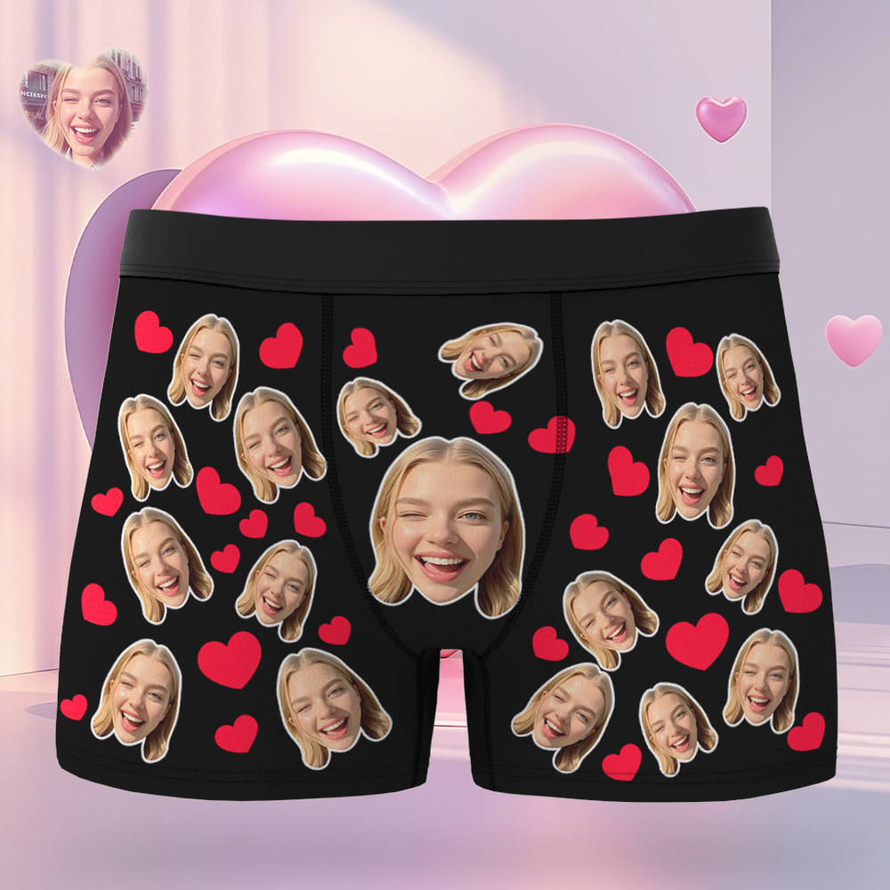 Gepersonaliseerde Valentijnsboxershort Met Gezicht En Dubbel Hart, Cadeau Met Aangepaste Foto, Grappige Boxershort Voor Mannen. - SokkenFoto