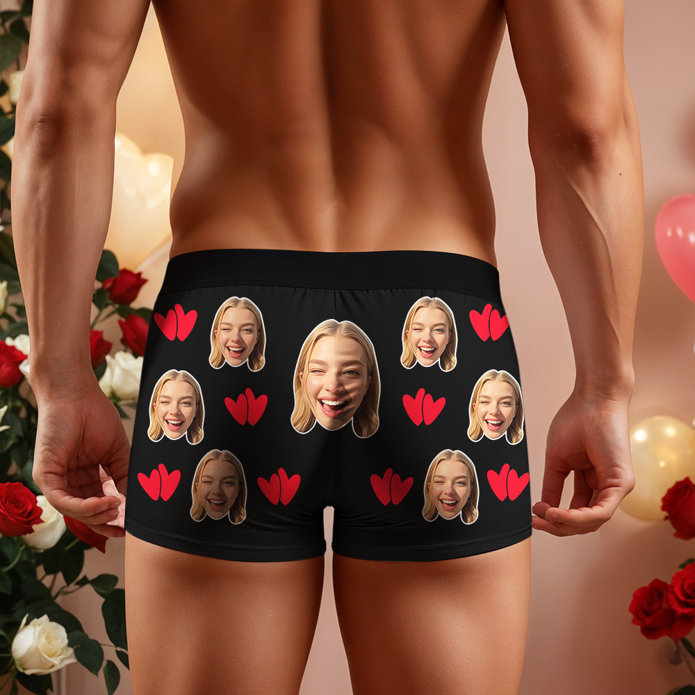 Gepersonaliseerde Valentijnsboxershort Met Gezicht En Dubbel Hart, Cadeau Met Aangepaste Foto, Grappige Boxershort Voor Mannen. - SokkenFoto