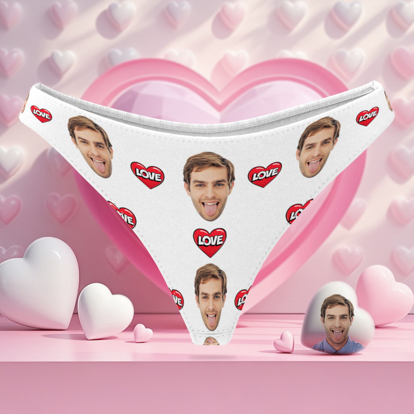 Gepersonaliseerde String Met Gezichtje, Lippen En Hartje, Cadeau Voor Haar, Valentijnscadeau - SokkenFoto