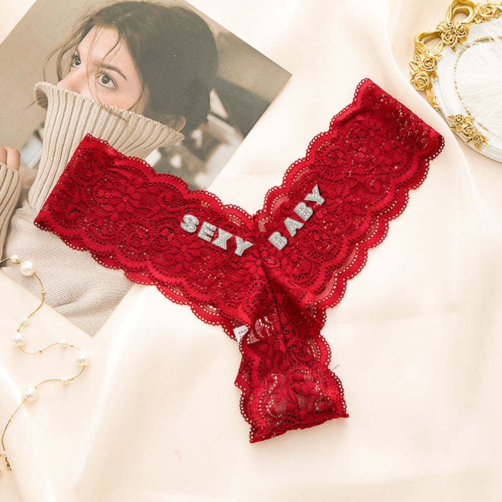 Aangepaste Crystal Letter Thong Sexy Lace V-string Slipje Voor Dames - SokkenFoto