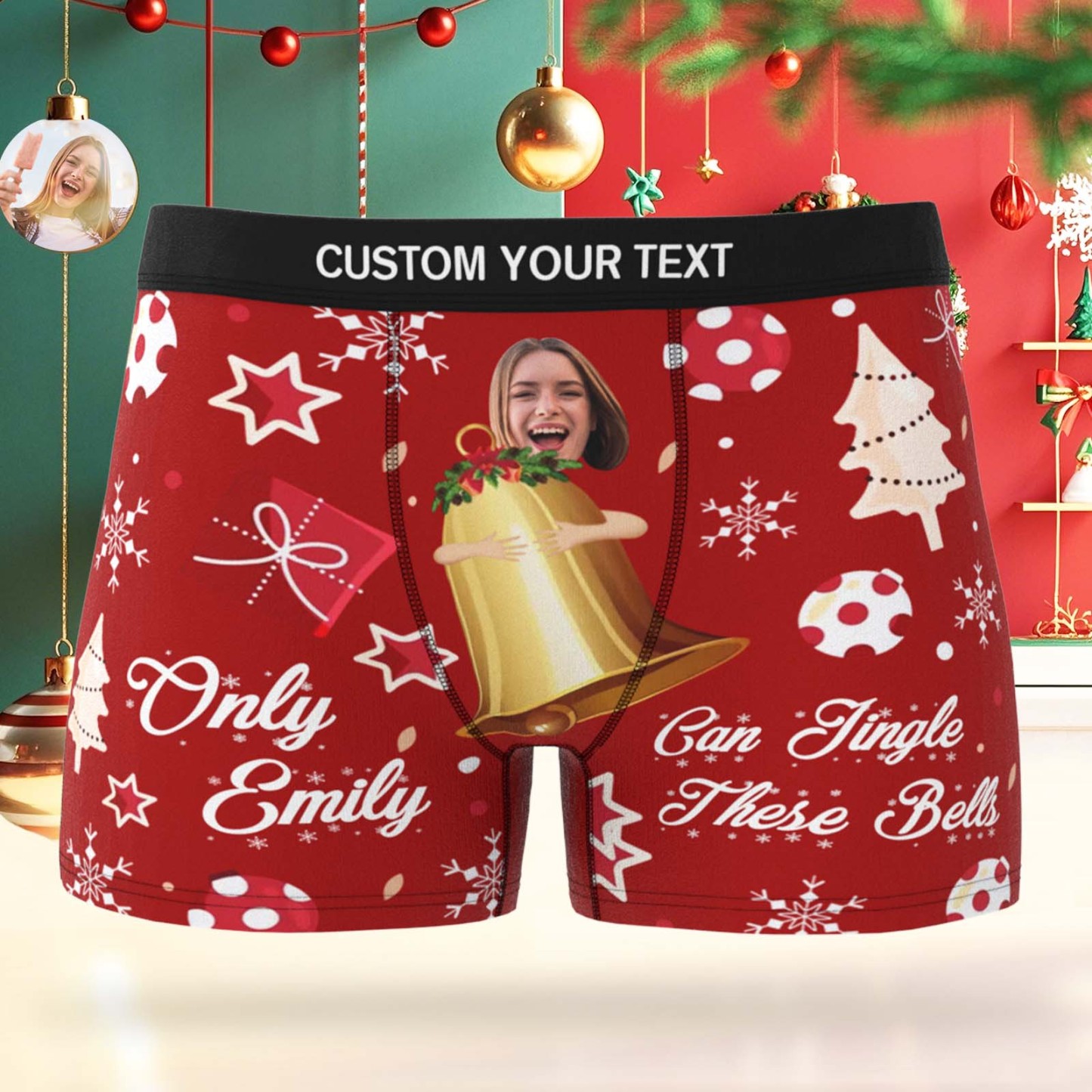Aangepaste Gezichtsboxer Voor Heren, Ondergoed Voor De Kerstman, Cadeau Voor Alleen Emily, Met Deze Belletjes, Gepersonaliseerde Foto, Grappige Herenboxer - SokkenFoto