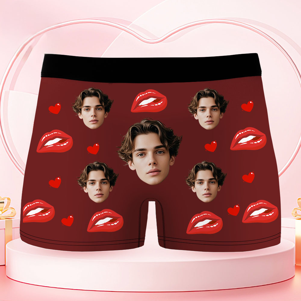 Boxershorts Voor Heren Met Gepersonaliseerd Gezicht. Let Op: Verstikkingsgevaar! Boxershorts Met Rode Lippen, Cadeau Met Gepersonaliseerde Foto, Grappige Boxershorts Voor Heren. - SokkenFoto