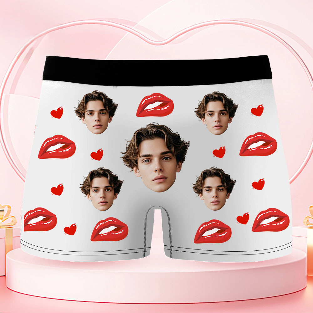 Boxershorts Voor Heren Met Gepersonaliseerd Gezicht. Let Op: Verstikkingsgevaar! Boxershorts Met Rode Lippen, Cadeau Met Gepersonaliseerde Foto, Grappige Boxershorts Voor Heren. - SokkenFoto