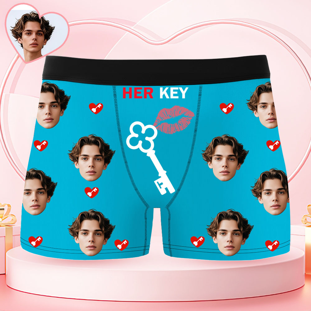 Boxershorts Voor Heren Met Gepersonaliseerd Gezicht, Rode Lippen En Sleutel, Cadeau Met Foto, Grappige Boxershorts Voor Heren. - SokkenFoto