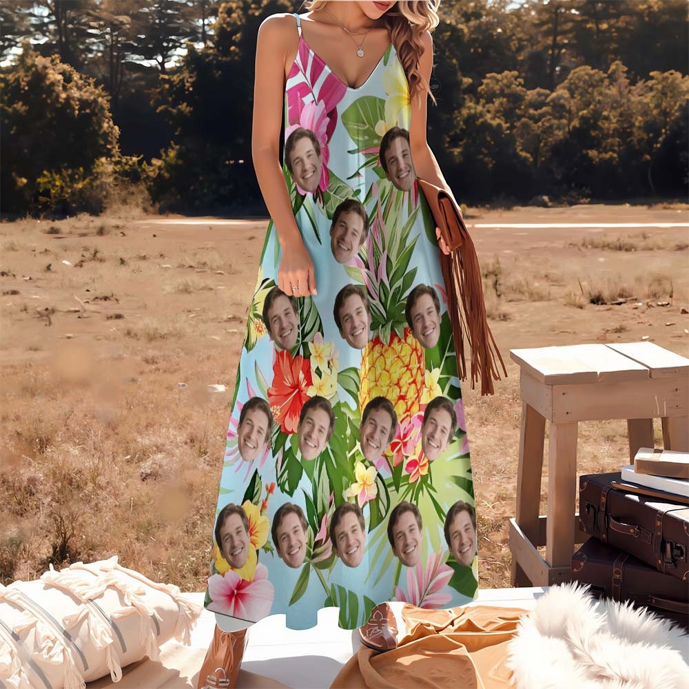 Gepersonaliseerde Roze Flamingo Lange Jurk Met Foto Van Het Gezicht Voor Dames, Zomeroutfit - SokkenFoto