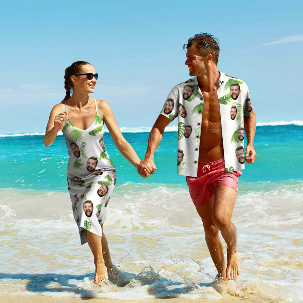 Aangepaste Gezicht Hawaiiaanse Stijl Verse Palmbladeren Lange Jurk En Shirt Paar Outfit - SokkenFoto