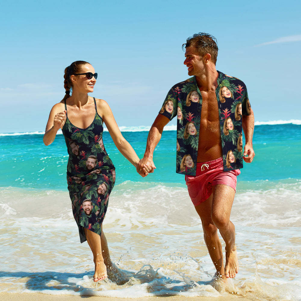 Aangepaste Gezicht Hawaiiaanse Stijl Bromelia Lange Jurk En Shirt Paar Outfit - SokkenFoto