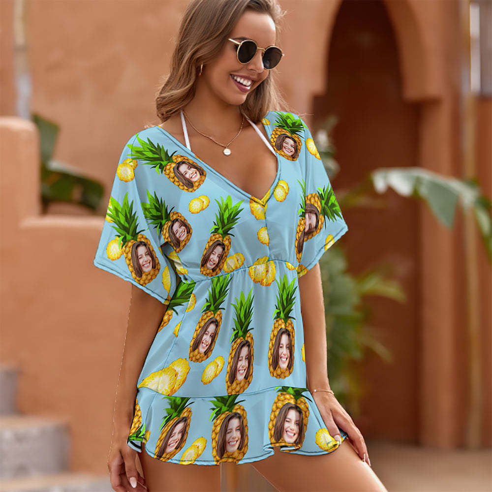 Custom Face Beach Wrap Hawaiian Style Blue Funny Pineapple Cover Ups - SokkenFoto