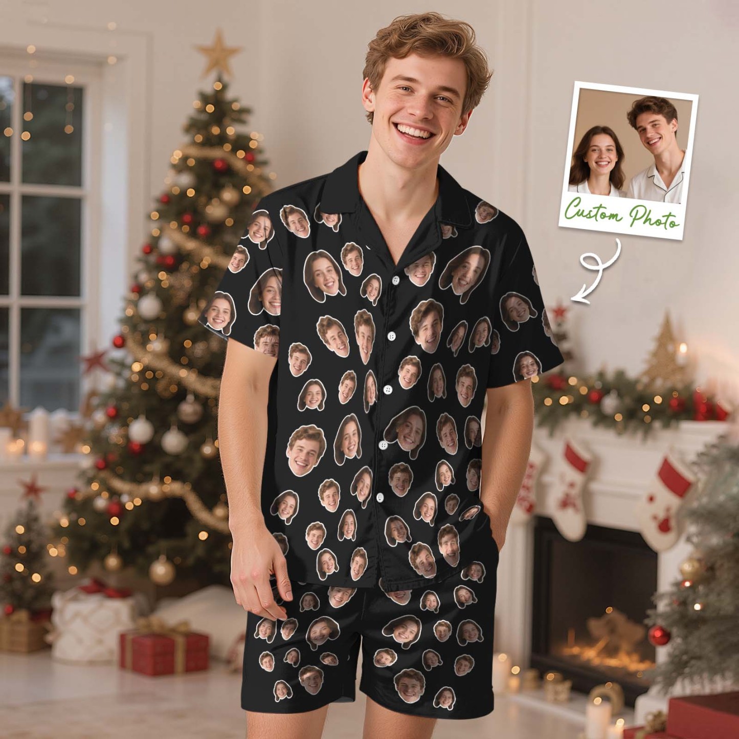 Kerstcadeaus Aangepaste Pyjama's Met Korte Mouwen Kerstverlichting Gepersonaliseerde Nachtkleding Liefdescadeaus Voor Haar - SokkenFoto
