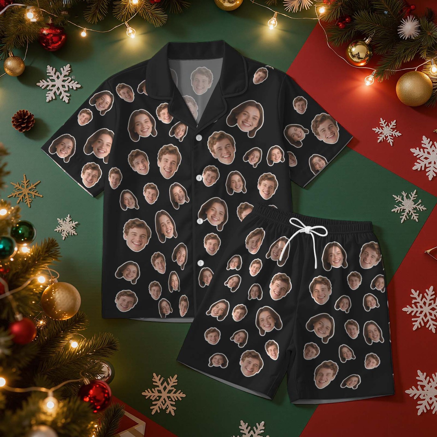 Kerstcadeaus Aangepaste Pyjama's Met Korte Mouwen Kerstverlichting Gepersonaliseerde Nachtkleding Liefdescadeaus Voor Haar - SokkenFoto
