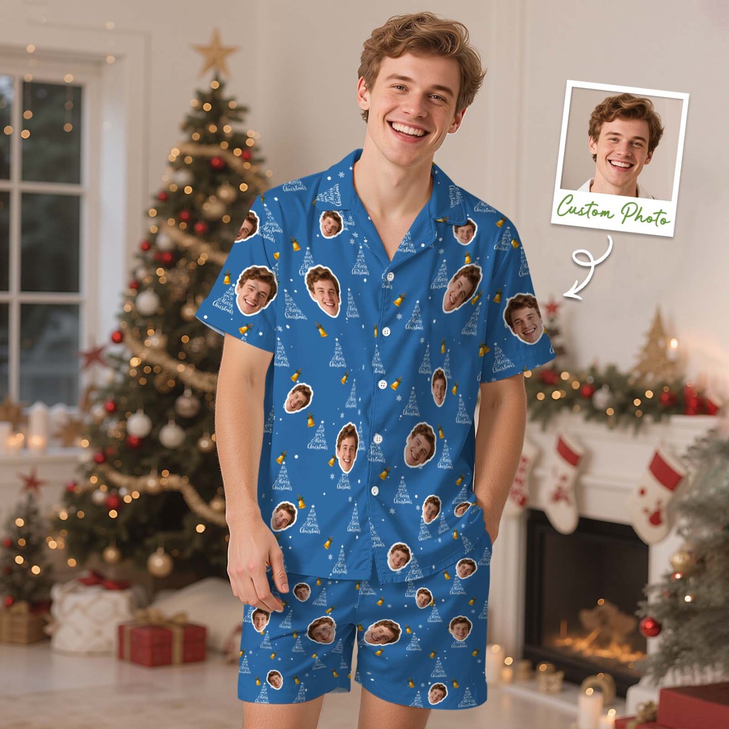 Kerstcadeaus Aangepaste Pyjama's Met Korte Mouwen Kerstverlichting Gepersonaliseerde Nachtkleding Liefdescadeaus Voor Haar - SokkenFoto