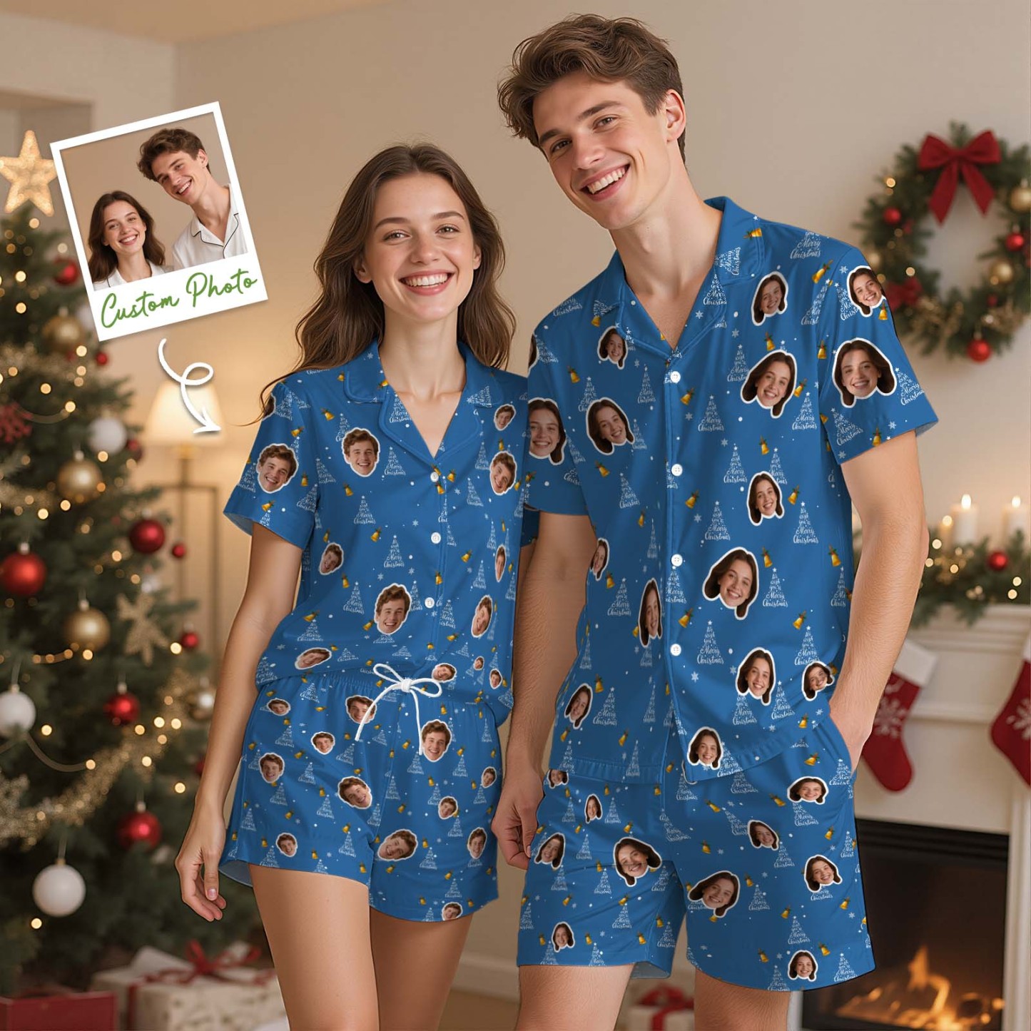 Kerstcadeaus Aangepaste Pyjama's Met Korte Mouwen Kerstverlichting Gepersonaliseerde Nachtkleding Liefdescadeaus Voor Haar - SokkenFoto