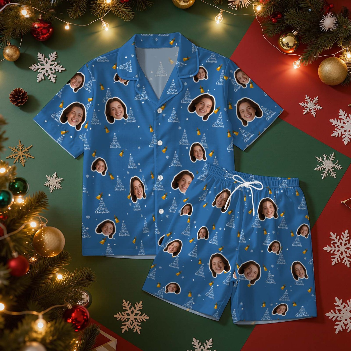 Kerstcadeaus Aangepaste Pyjama's Met Korte Mouwen Kerstverlichting Gepersonaliseerde Nachtkleding Liefdescadeaus Voor Haar - SokkenFoto