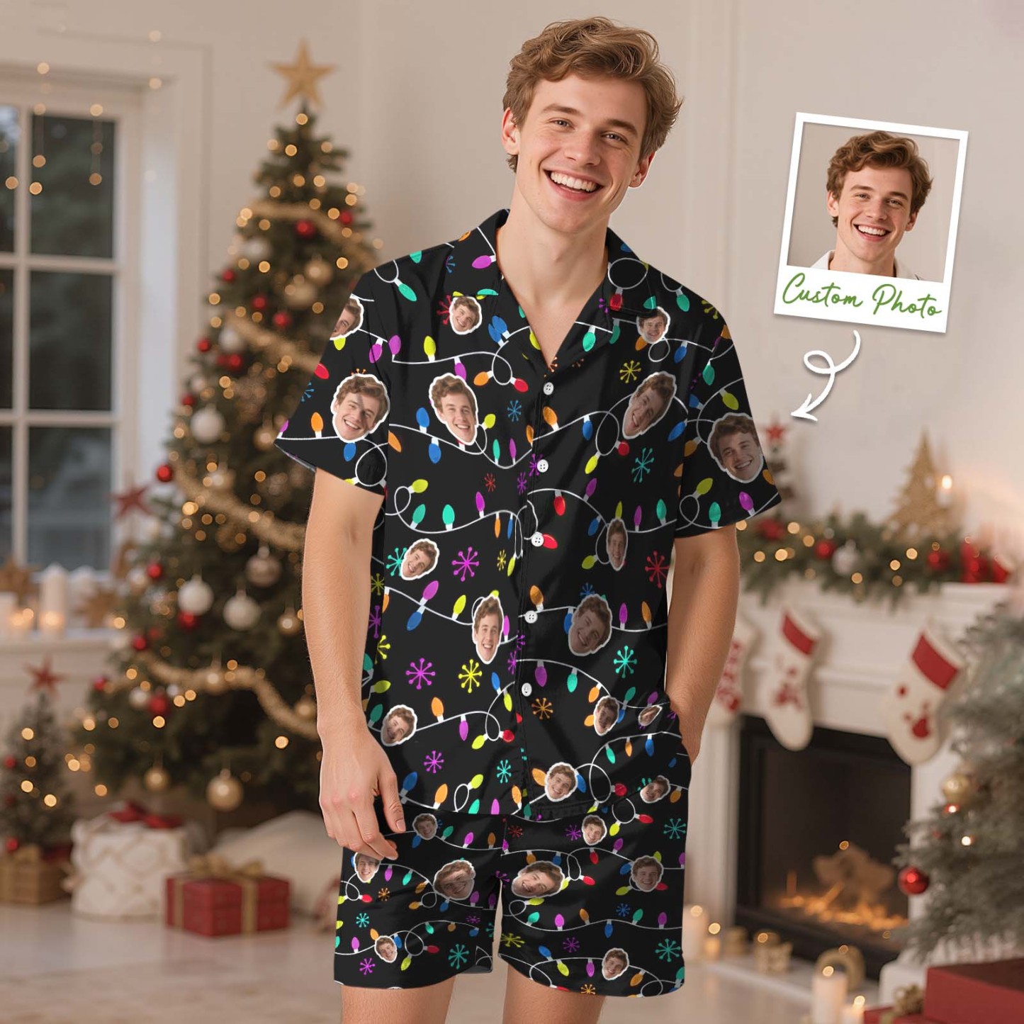 Kerstcadeaus Aangepaste Pyjama's Met Korte Mouwen Kerstverlichting Gepersonaliseerde Nachtkleding Liefdescadeaus Voor Haar - SokkenFoto