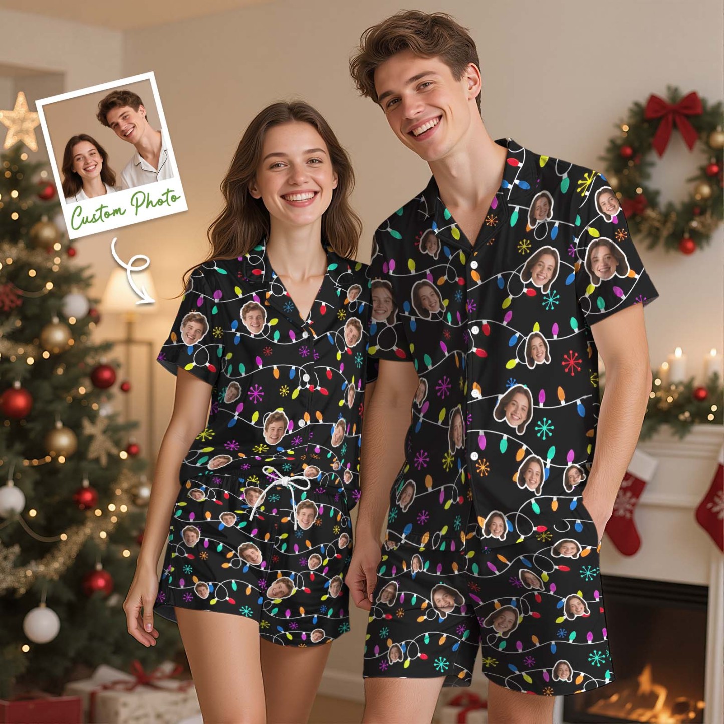 Kerstcadeaus Aangepaste Pyjama's Met Korte Mouwen Kerstverlichting Gepersonaliseerde Nachtkleding Liefdescadeaus Voor Haar - SokkenFoto