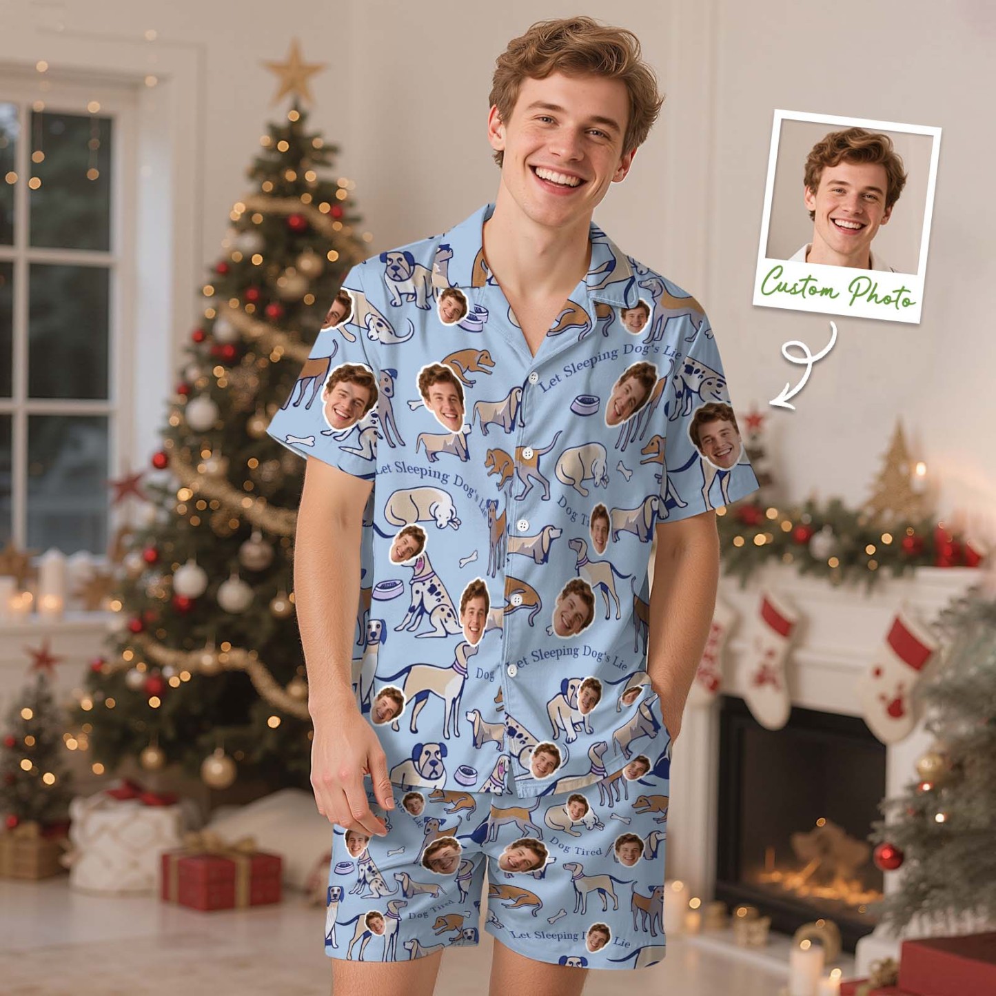 Kerstcadeaus Aangepaste Pyjama's Met Korte Mouwen Kerstverlichting Gepersonaliseerde Nachtkleding Liefdescadeaus Voor Haar - SokkenFoto