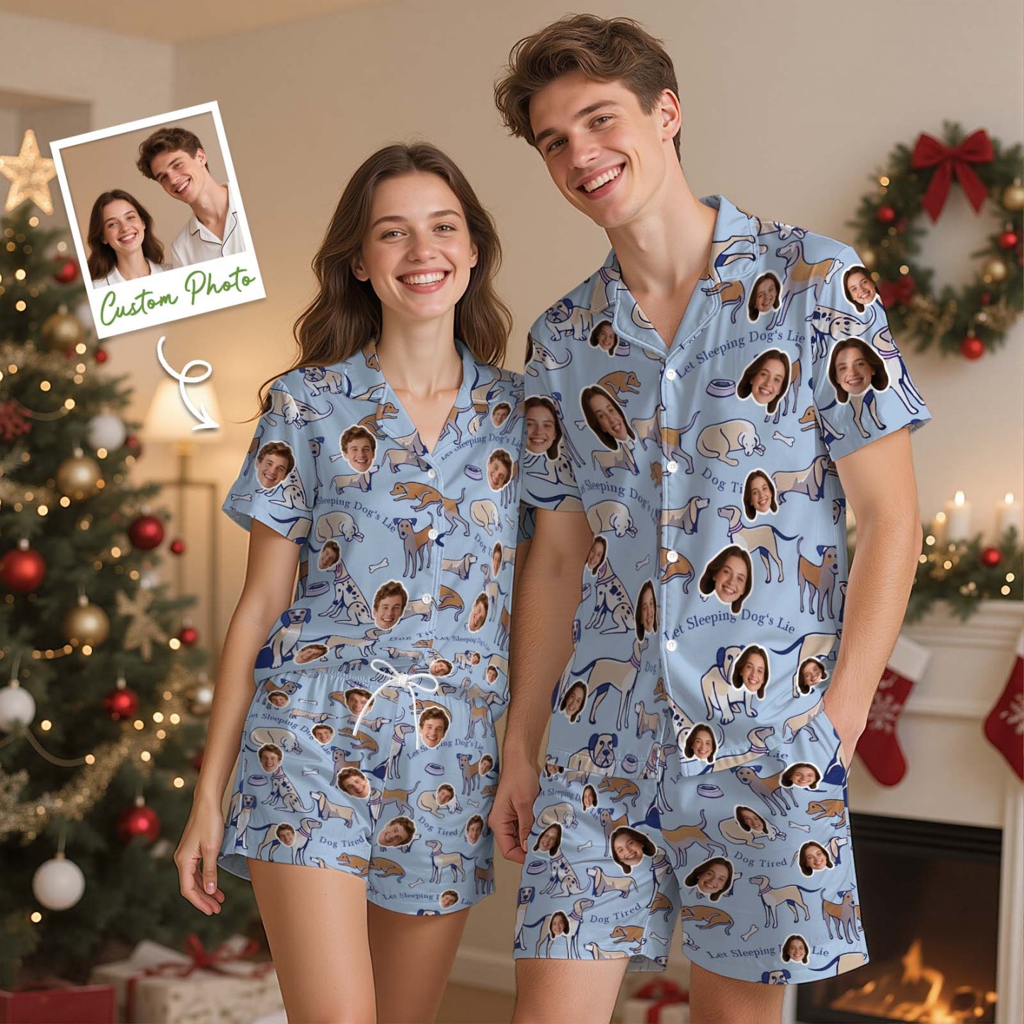Kerstcadeaus Aangepaste Pyjama's Met Korte Mouwen Kerstverlichting Gepersonaliseerde Nachtkleding Liefdescadeaus Voor Haar - SokkenFoto