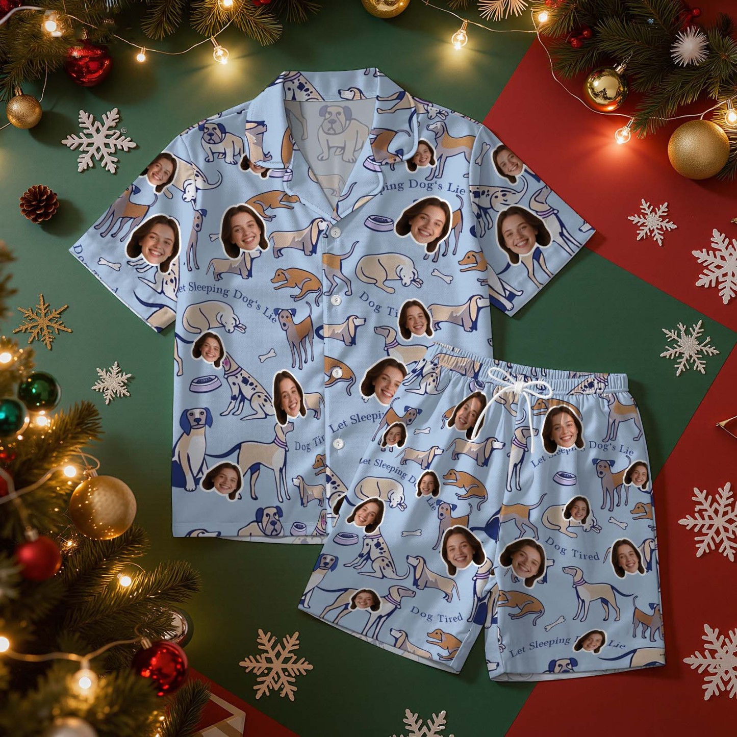 Kerstcadeaus Aangepaste Pyjama's Met Korte Mouwen Kerstverlichting Gepersonaliseerde Nachtkleding Liefdescadeaus Voor Haar - SokkenFoto