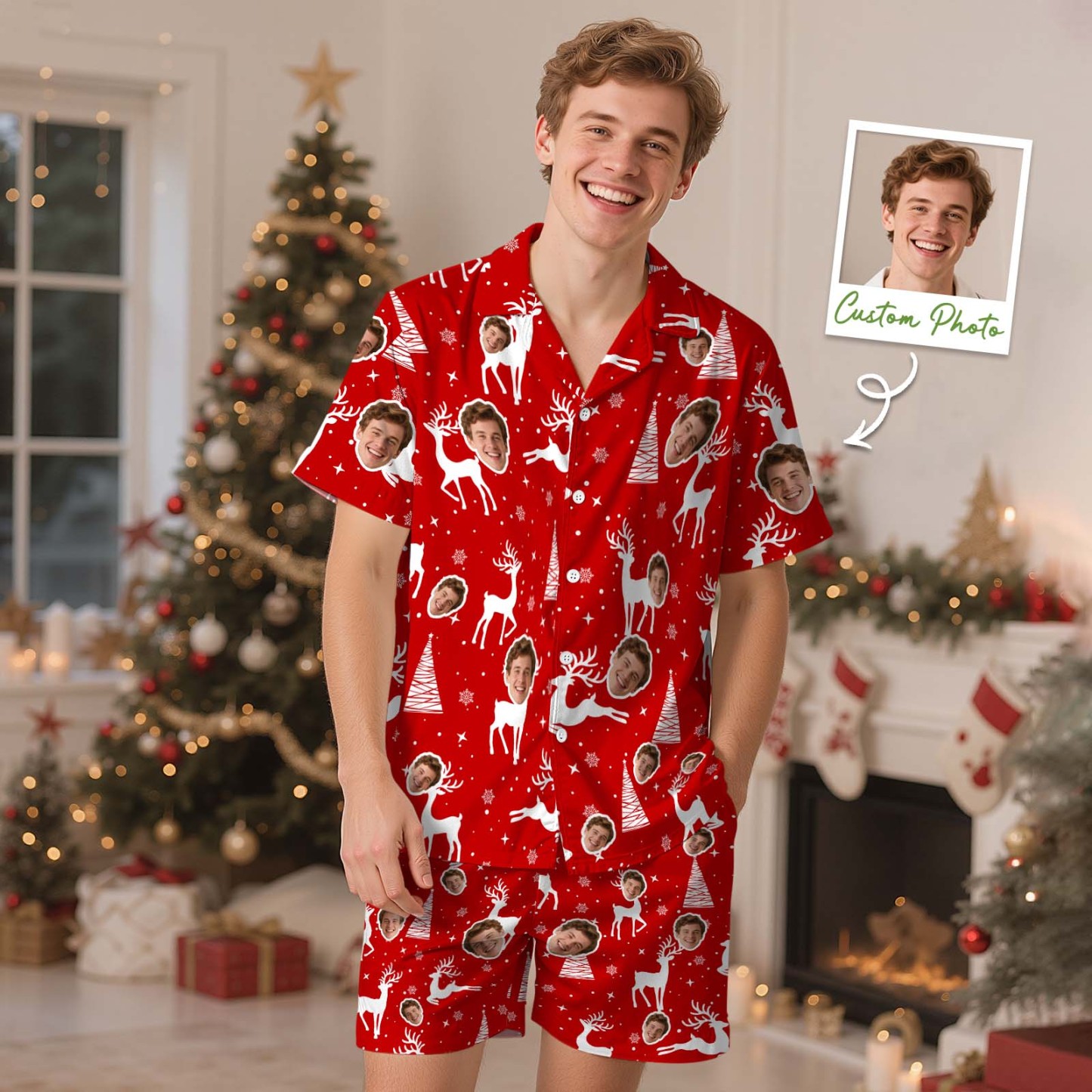 Kerstcadeaus Aangepaste Pyjama's Met Korte Mouwen Kerstverlichting Gepersonaliseerde Nachtkleding Liefdescadeaus Voor Haar - SokkenFoto