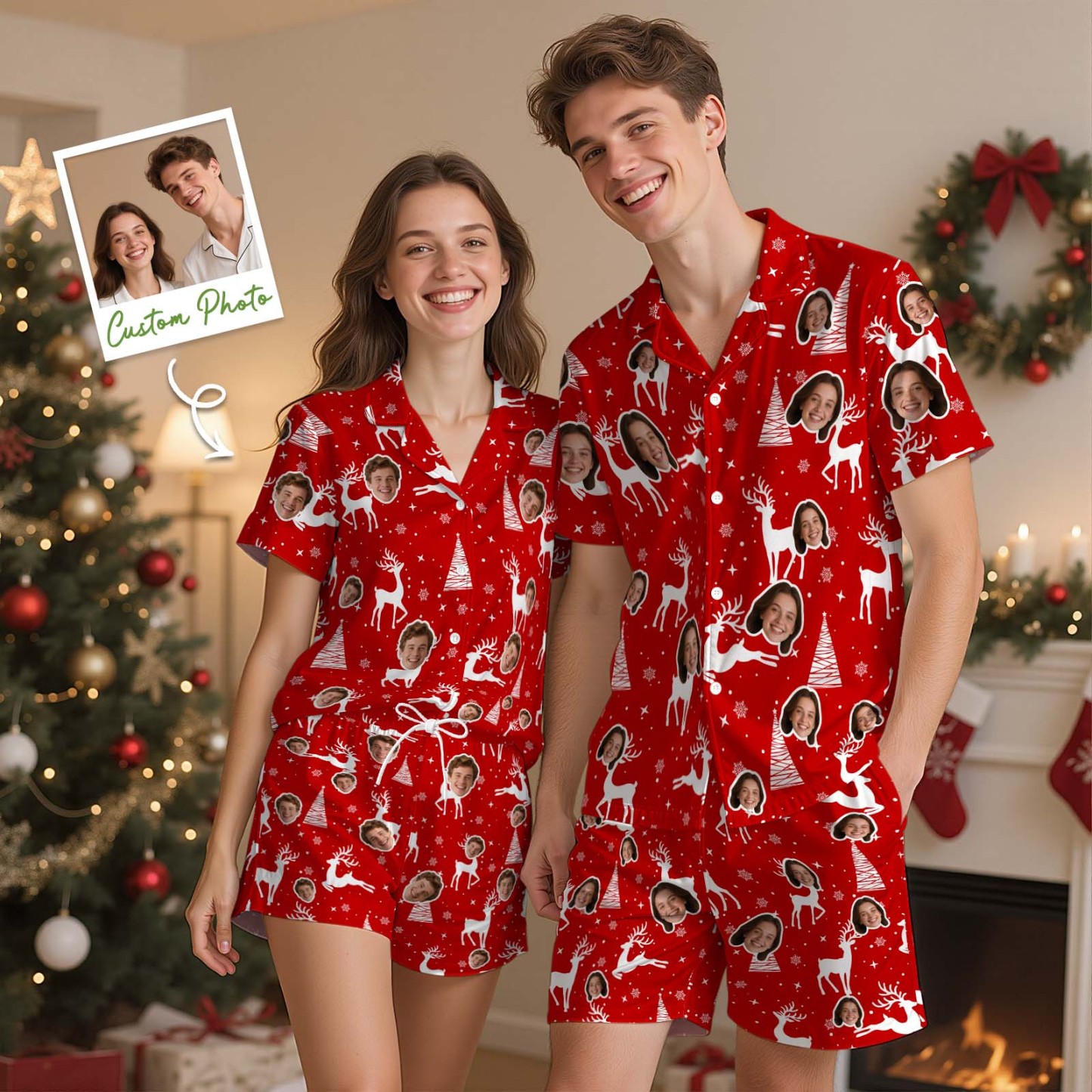 Kerstcadeaus Aangepaste Pyjama's Met Korte Mouwen Kerstverlichting Gepersonaliseerde Nachtkleding Liefdescadeaus Voor Haar - SokkenFoto