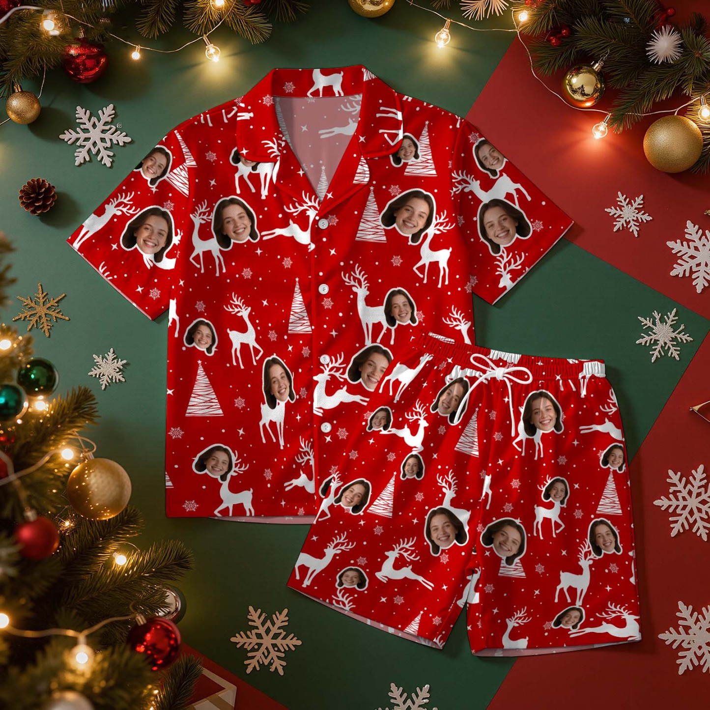 Kerstcadeaus Aangepaste Pyjama's Met Korte Mouwen Kerstverlichting Gepersonaliseerde Nachtkleding Liefdescadeaus Voor Haar - SokkenFoto