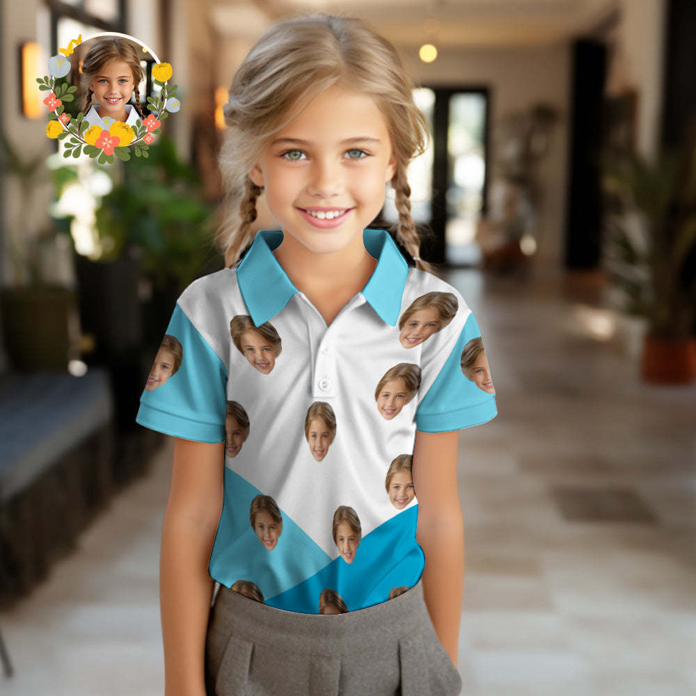 Aangepaste Gezicht Kinder Poloshirts Gepersonaliseerde Foto Shirt Blauwe En Witte Splitsen - SokkenFoto