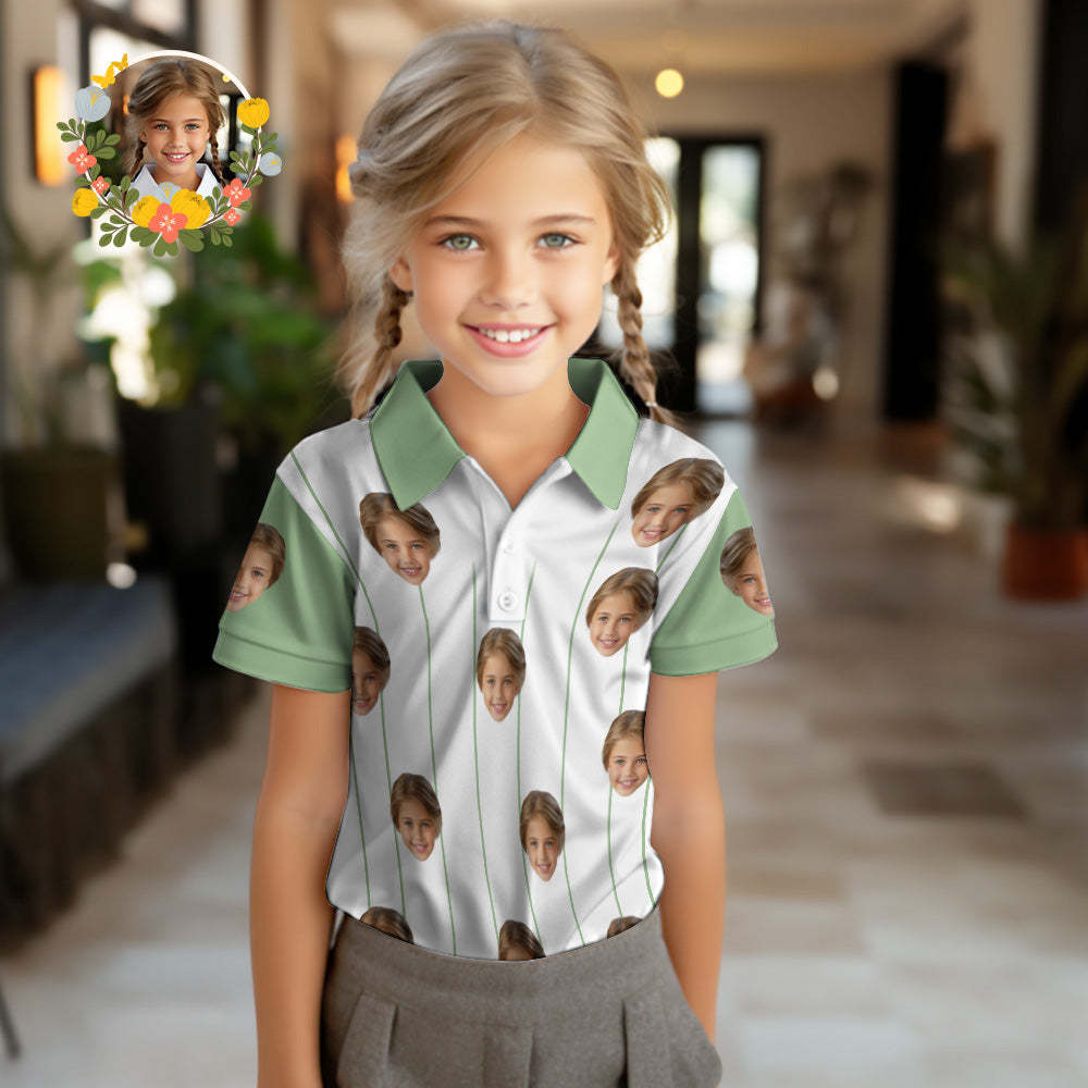 Aangepaste Gezicht Kinder Poloshirts Gepersonaliseerde Fotooverhemd Groene Strepen - SokkenFoto