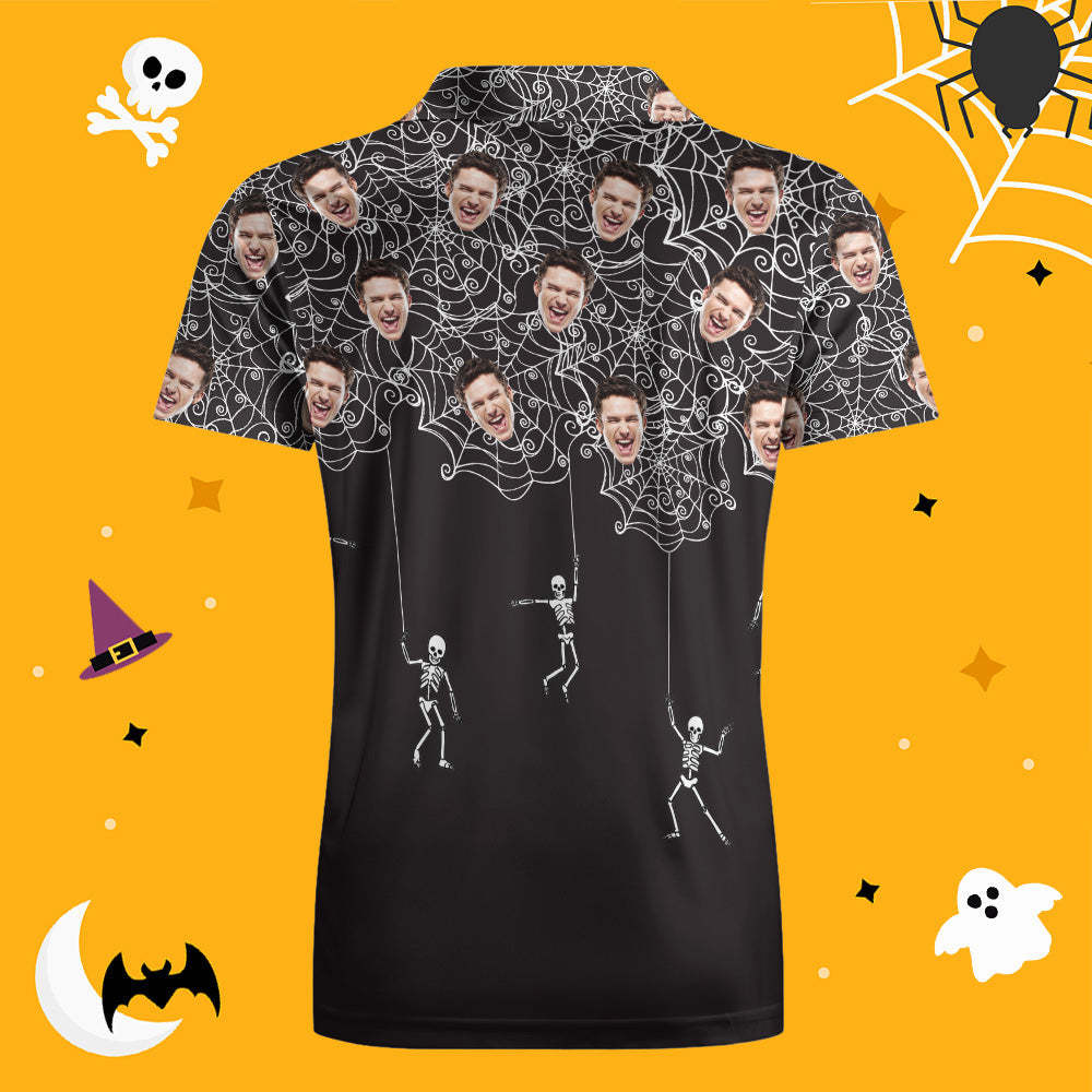 Mannen Aangepaste Grappig Gezicht Zwart Shirt Gepersonaliseerde Golfshirts Voor Halloween Cadeau Spinnenweb - SokkenFoto