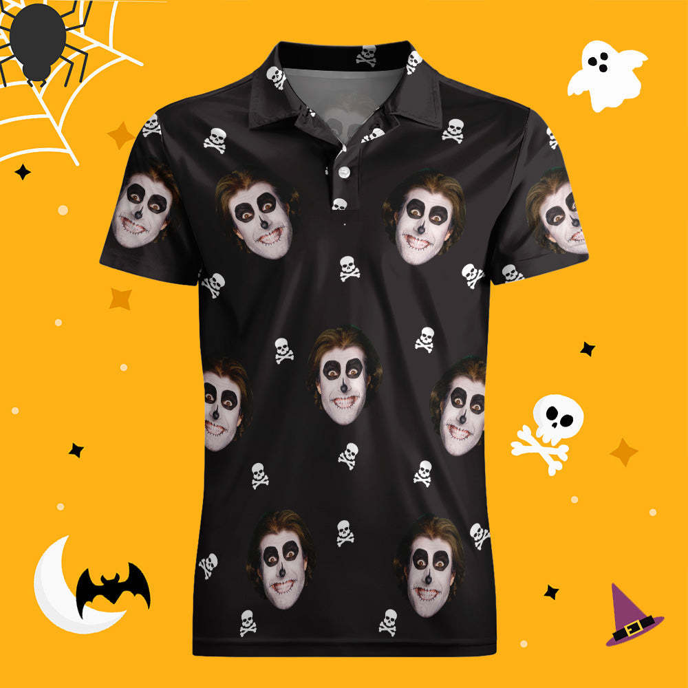Mannen Aangepaste Grappig Gezicht Zwart Shirt Gepersonaliseerde Golfshirts Voor Halloween Drama Cadeau Schedel - SokkenFoto
