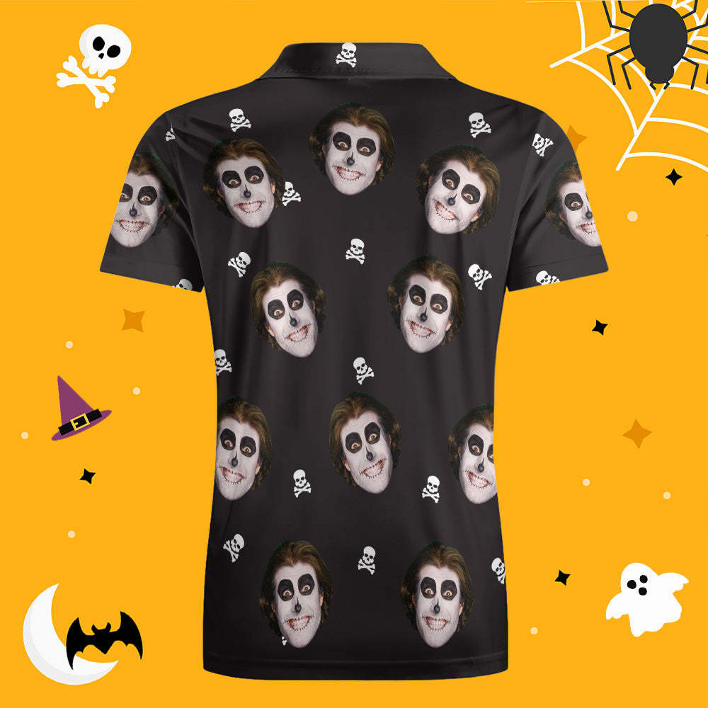 Mannen Aangepaste Grappig Gezicht Zwart Shirt Gepersonaliseerde Golfshirts Voor Halloween Drama Cadeau Schedel - SokkenFoto