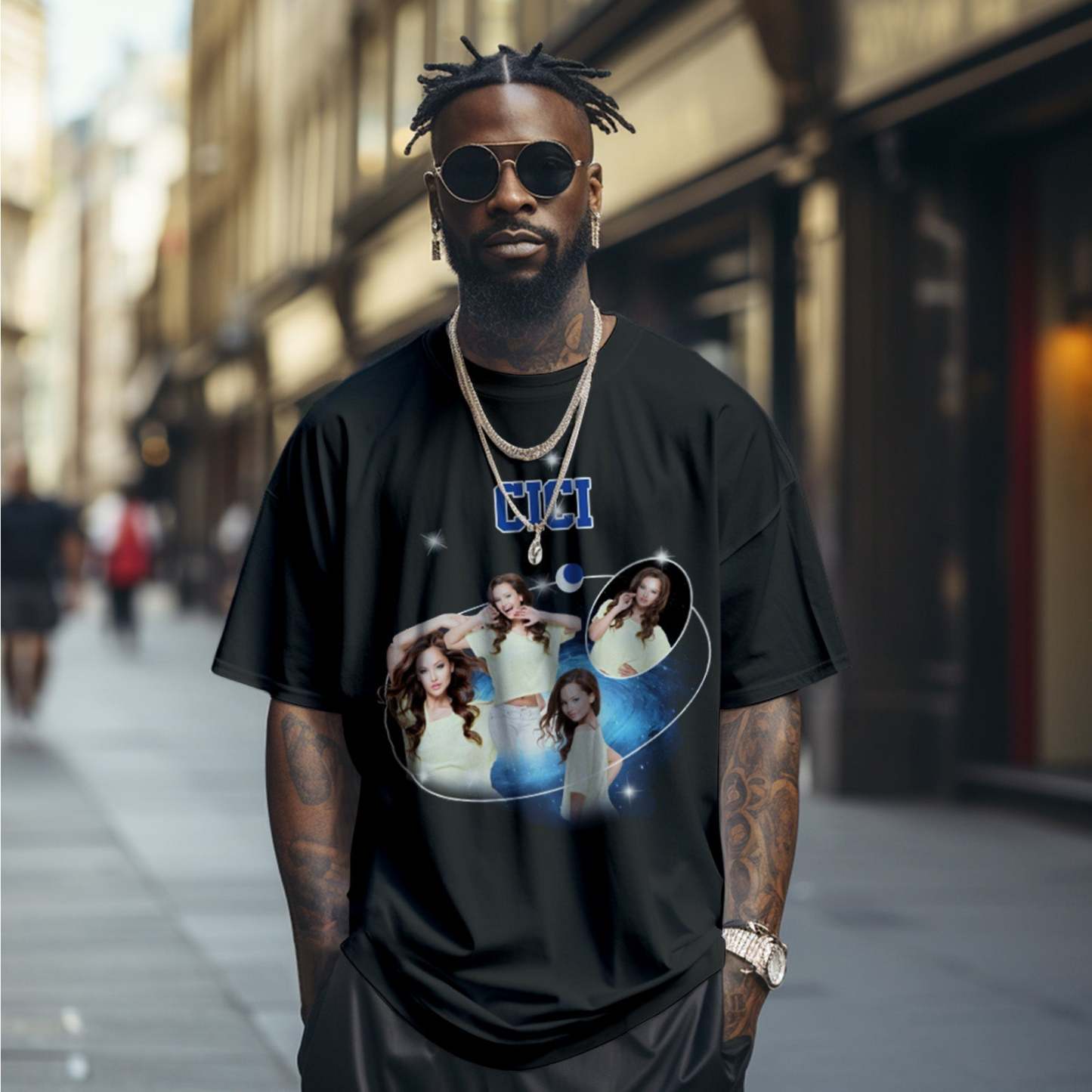 Aangepaste Foto En Naam Vintage T-shirt Kosmische Galaxy En Halve Maan Vintage T-shirt Cadeau Voor Mannen - SokkenFoto