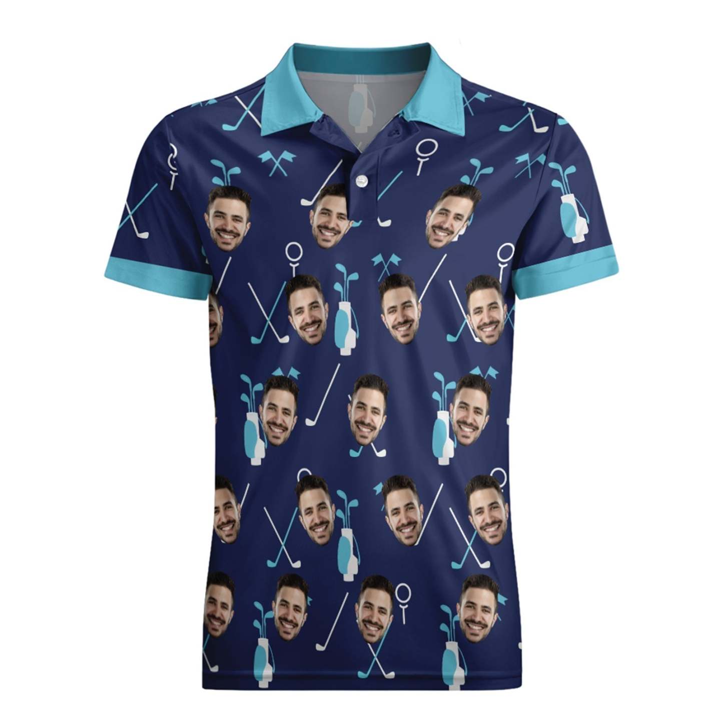 Aangepaste Gezicht Blauw Poloshirt Voor Mannen, Gepersonaliseerde Golfshirts - SokkenFoto