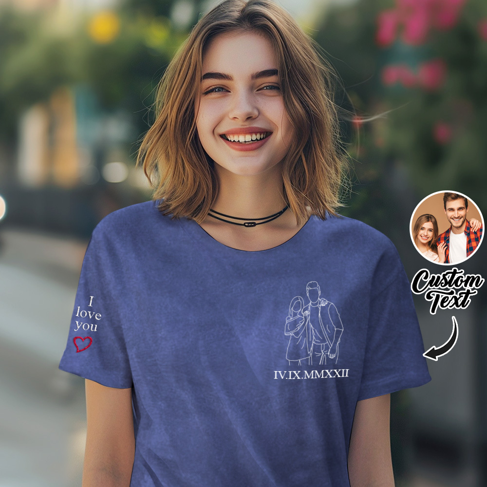 Geborduurd Fotoshirt, Portret Van Fotoshirt, Aangepast Shirt Met Fotoborduurwerk, Comfortkleurenshirt, Gepersonaliseerd Shirt Voor Koppels - SokkenFoto