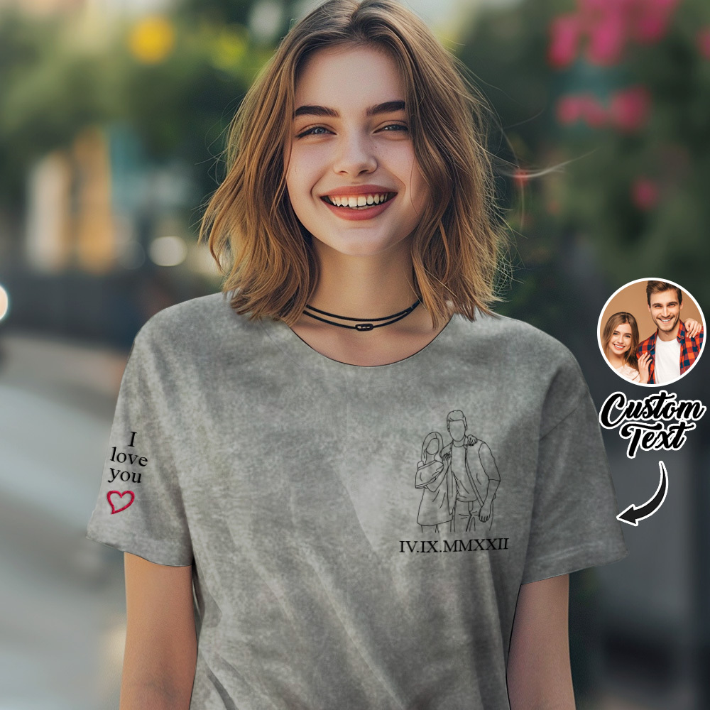 Geborduurd Fotoshirt, Portret Van Fotoshirt, Aangepast Shirt Met Fotoborduurwerk, Comfortkleurenshirt, Gepersonaliseerd Shirt Voor Koppels - SokkenFoto