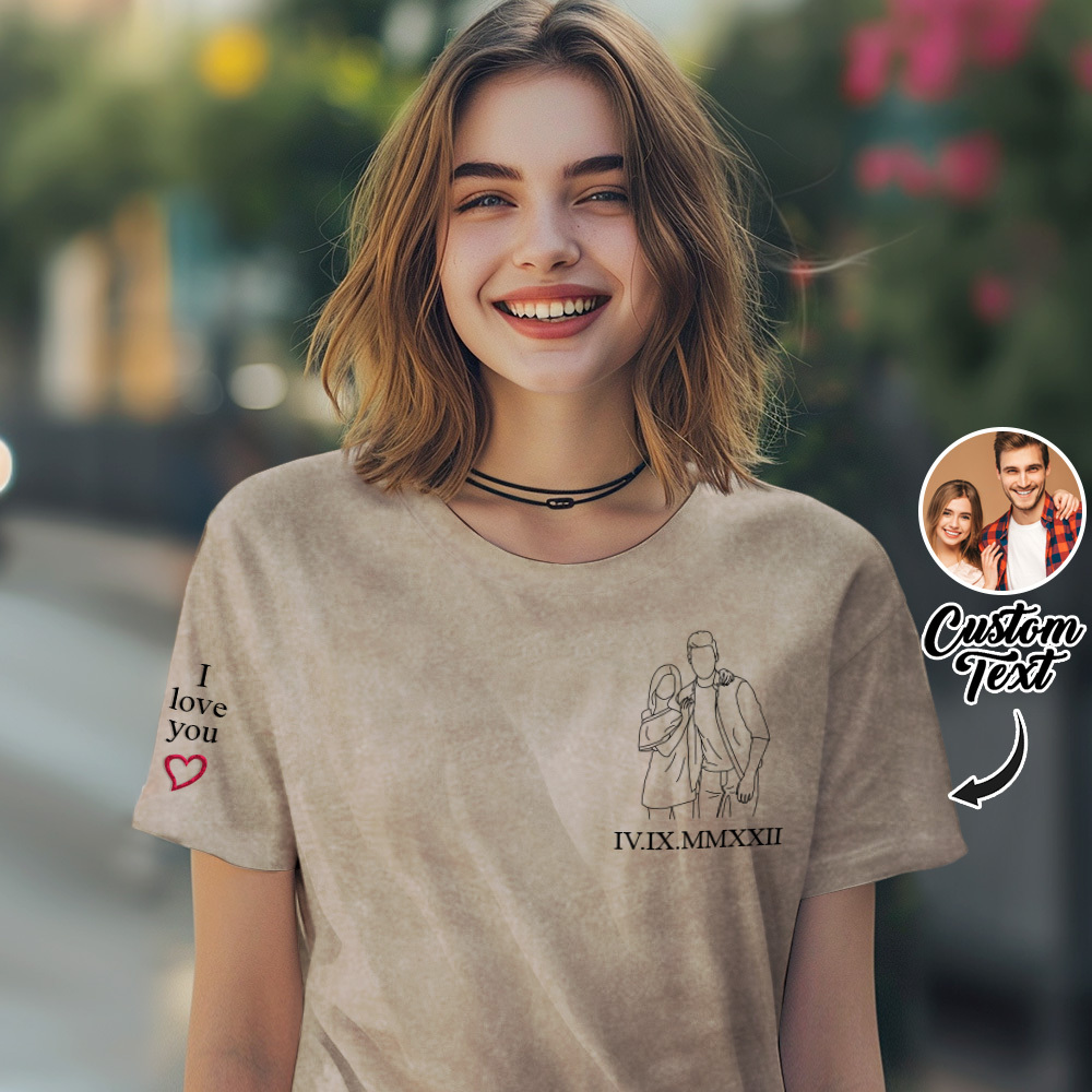 Geborduurd Fotoshirt, Portret Van Fotoshirt, Aangepast Shirt Met Fotoborduurwerk, Comfortkleurenshirt, Gepersonaliseerd Shirt Voor Koppels - SokkenFoto