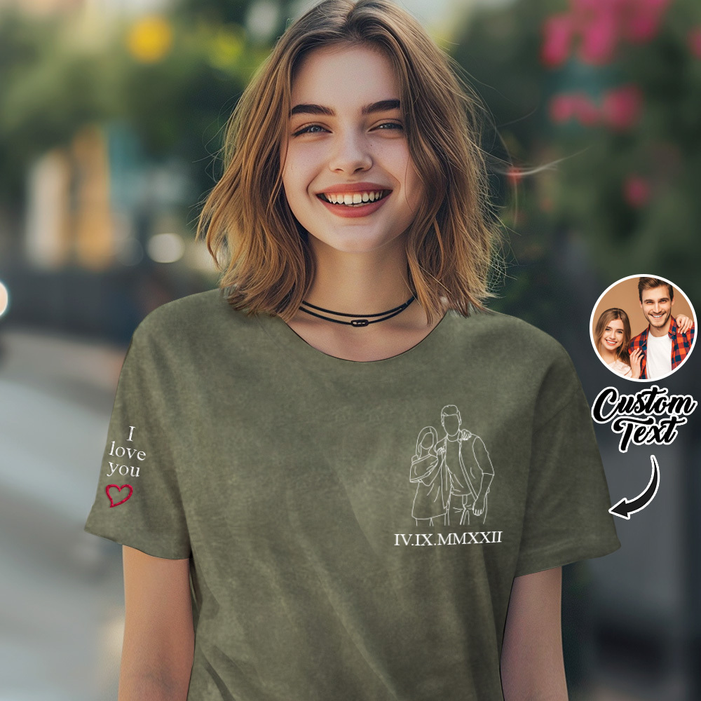 Geborduurd Fotoshirt, Portret Van Fotoshirt, Aangepast Shirt Met Fotoborduurwerk, Comfortkleurenshirt, Gepersonaliseerd Shirt Voor Koppels - SokkenFoto