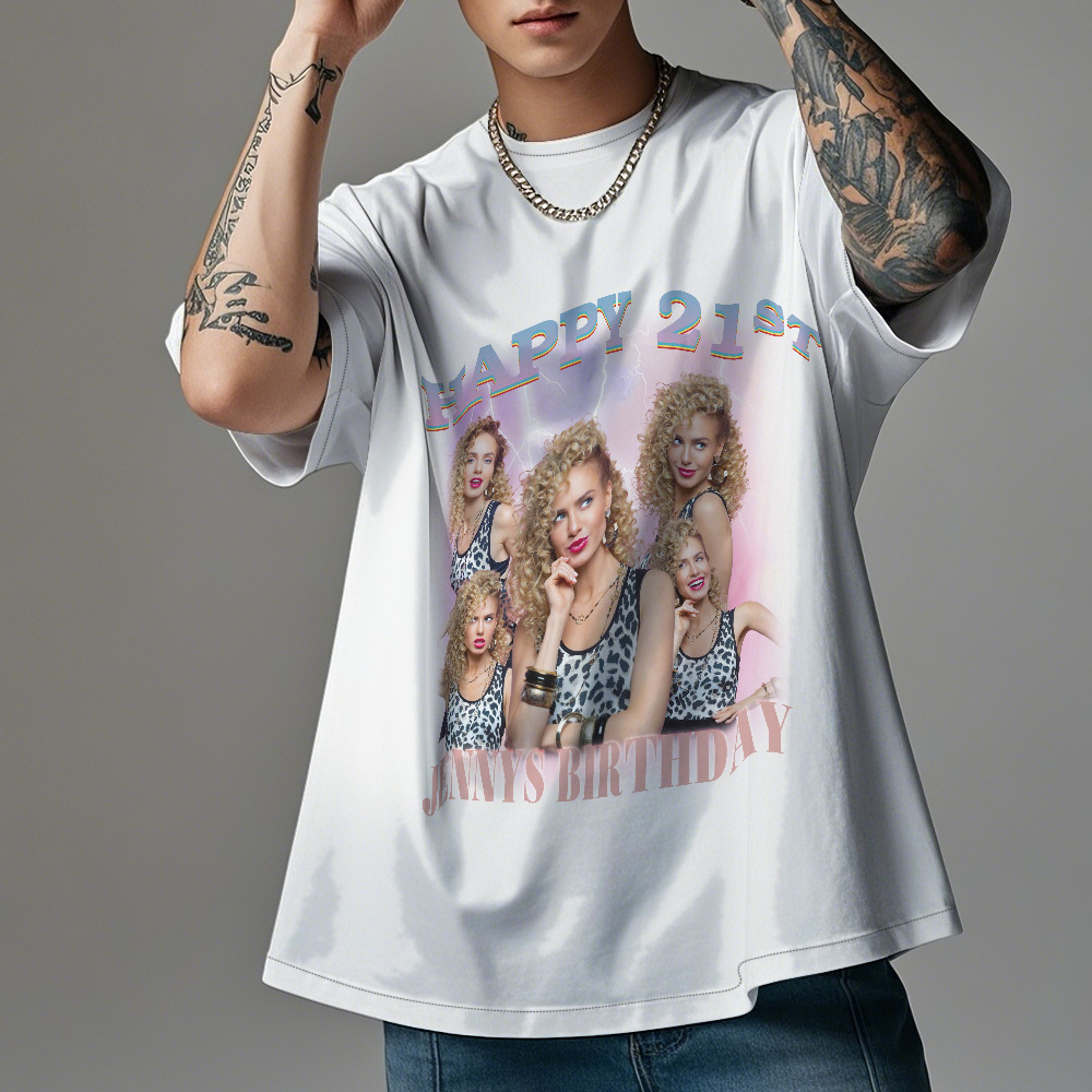 Aangepaste 21e Verjaardag Foto Shirt Vintage Grafische T-shirt Verjaardagscadeau - SokkenFoto