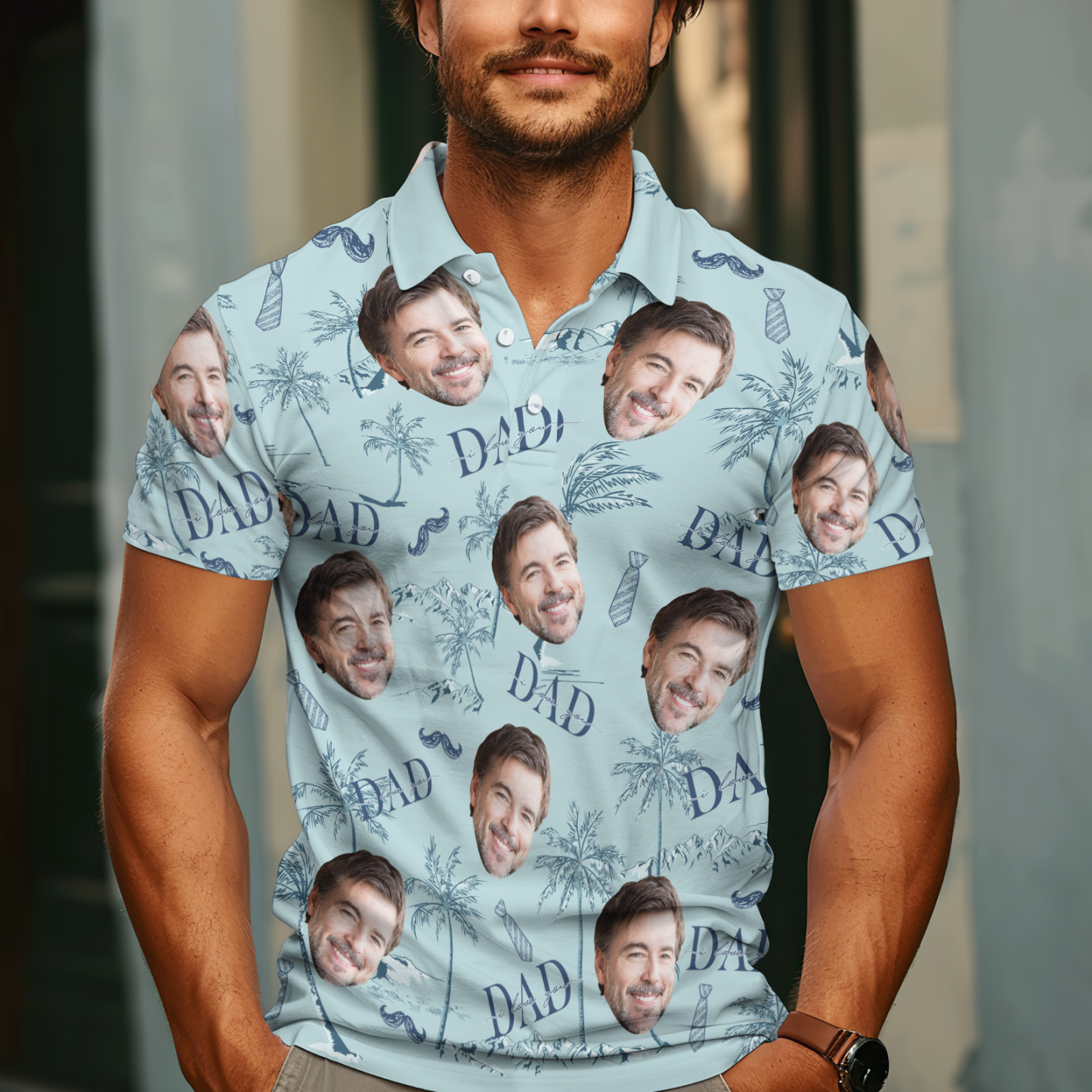 Custom Face Polo Hawaiian Blue Golf Polo Shirt Dad Beard Heren Polo Shirt Vaderdag Cadeau - SokkenFoto