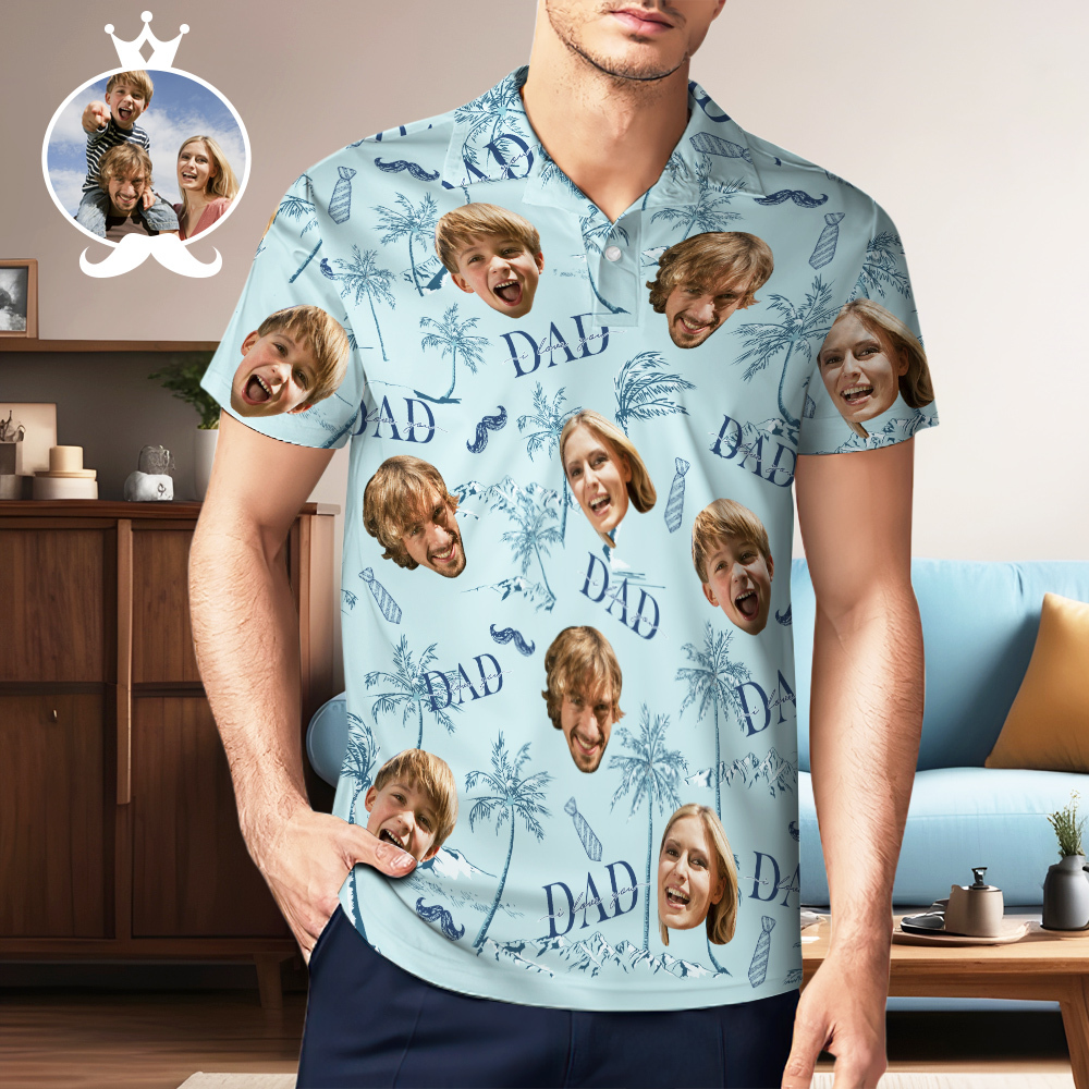 Custom Face Polo Hawaiian Blue Golf Polo Shirt Dad Beard Heren Polo Shirt Vaderdag Cadeau - SokkenFoto