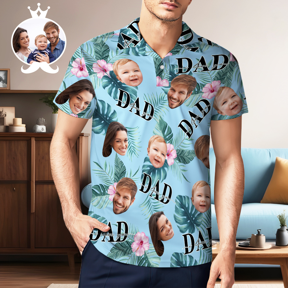 Custom Face Polo Hawaiian Blue Golf Polo Shirt Dad Beard Heren Polo Shirt Vaderdag Cadeau - SokkenFoto