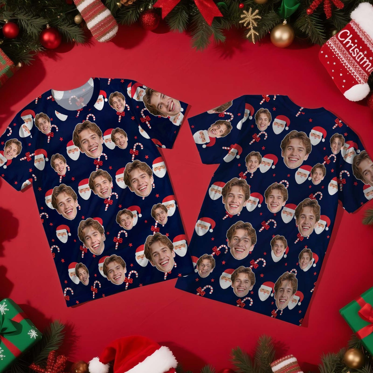 Aangepast Kerst-t-shirt Met Foto-peperkoekontwerp Gepersonaliseerd Kerst-t-shirt Voor Familie, Vrienden, Koppels, Kerstcadeau - SokkenFoto