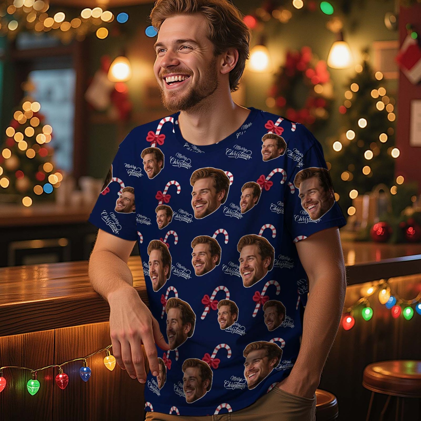 Aangepast Kerst-t-shirt Met Foto Rode Sneeuwvlokken Kerstman Gepersonaliseerde Vakantie-t-shirt Voor Familie Vrienden Koppels Kerstcadeau - SokkenFoto