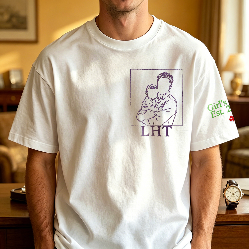 Aangepaste papa foto shirt - geborduurd papa & kinderportret - gepersonaliseerd vaderdag aandenken cadeau