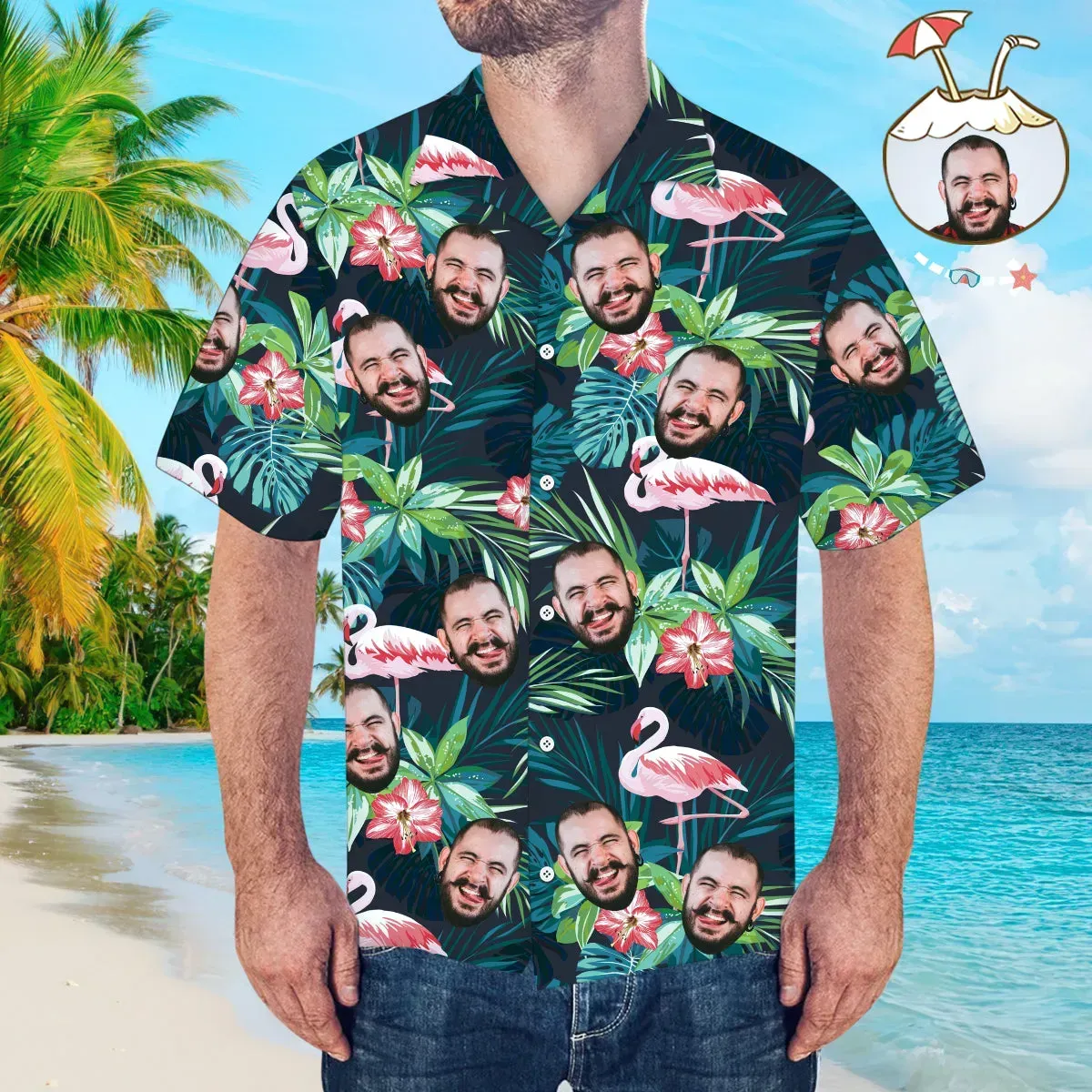 Aangepast Gezicht All-Over Print Hawaiiaans Overhemd Flamingo Bloemen En Bladeren