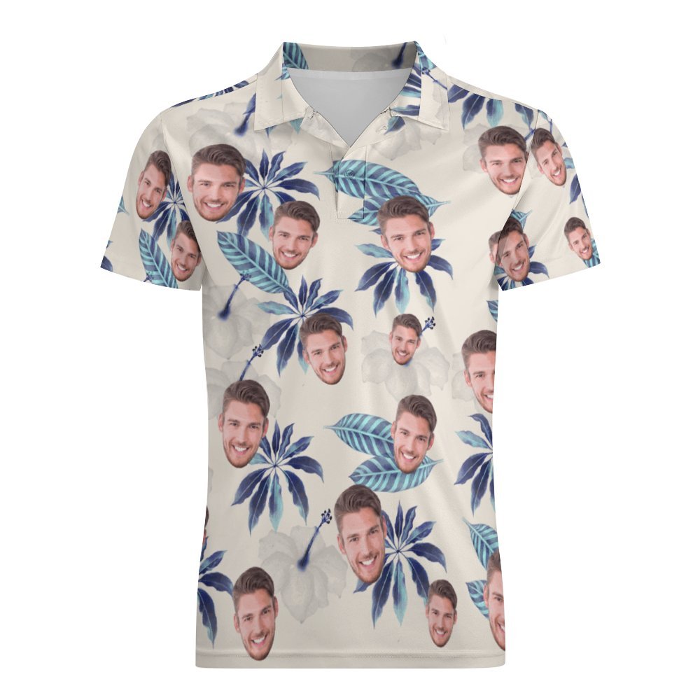 Aangepaste Gezicht Poloshirt Voor Mannen Bloemen En Bladeren Gepersonaliseerde Hawaiiaanse Golfshirts - SokkenFoto