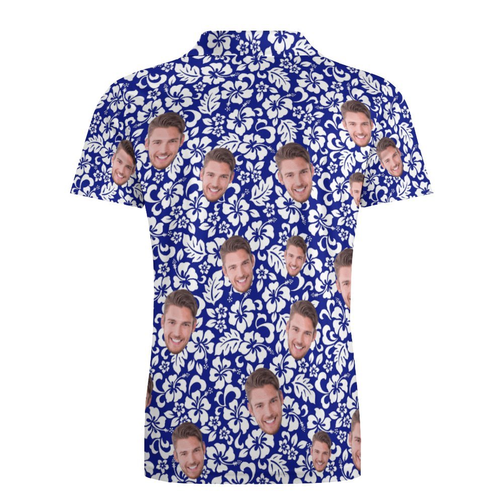 Aangepaste Gezicht Poloshirt Voor Mannen Gepersonaliseerde Blauwe Hawaiiaanse Golfshirts - SokkenFoto