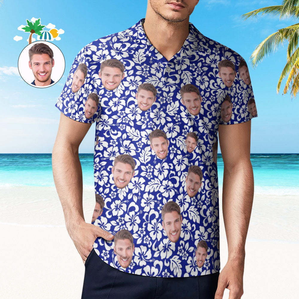 Aangepaste Gezicht Poloshirt Voor Mannen Gepersonaliseerde Blauwe Hawaiiaanse Golfshirts - SokkenFoto