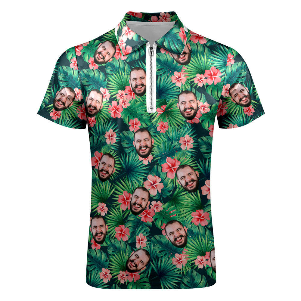 Op Maat Gemaakt Poloshirt Met Ritssluiting, Gepersonaliseerd Gezicht Herenpoloshirt In Hawaiiaanse Stijl - SokkenFoto