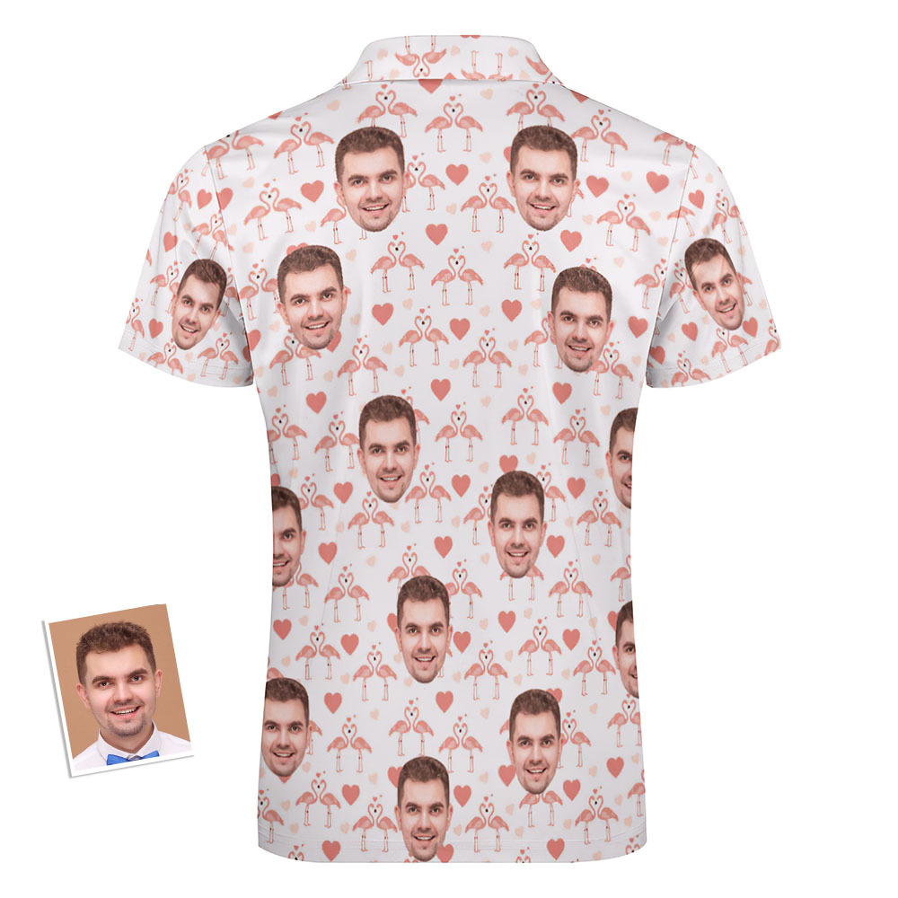 Aangepaste Flamingo Love Herenpoloshirt Gepersonaliseerd Gezicht Grappig Poloshirt Met Ritssluiting - SokkenFoto
