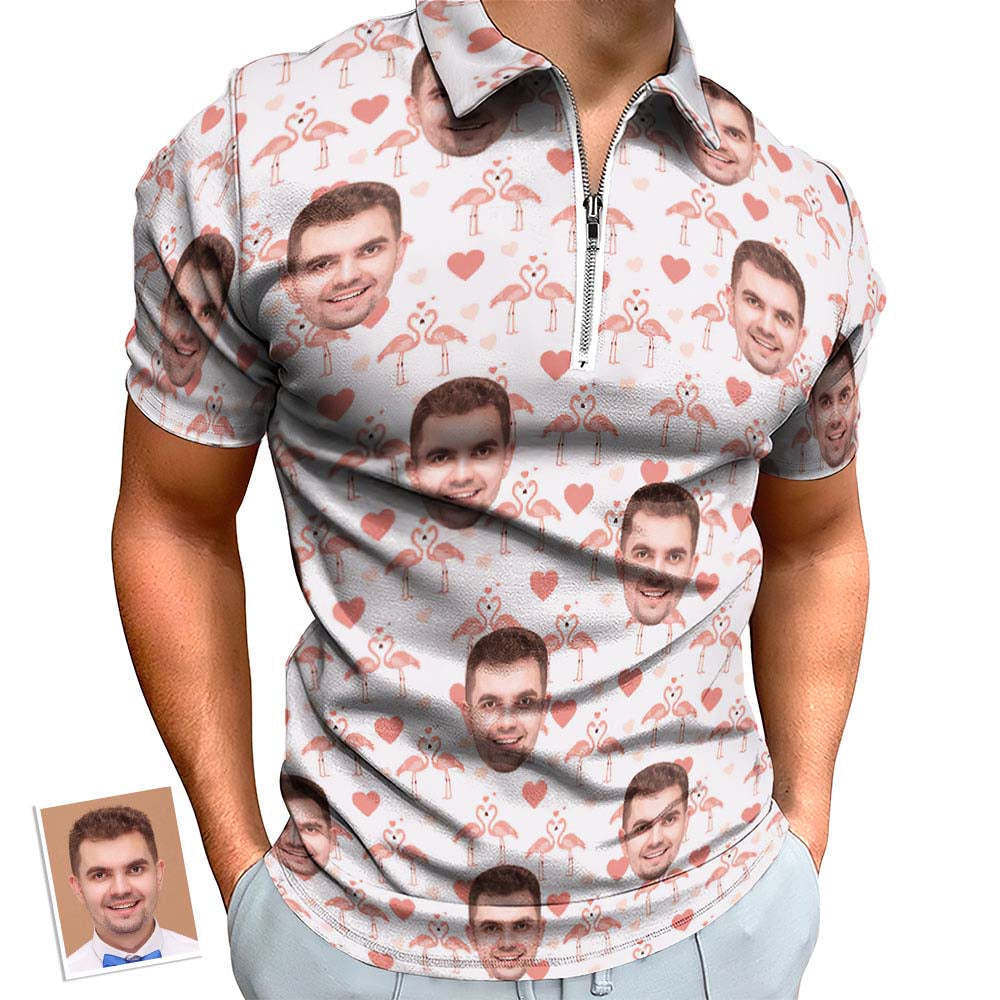 Aangepaste Flamingo Love Herenpoloshirt Gepersonaliseerd Gezicht Grappig Poloshirt Met Ritssluiting - SokkenFoto